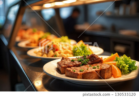 cafe's display case displays various ready-made dishes on plates meat steak, salad, vegetables cafe's display case displays various ready-made dishes on plates meat steak, salad, vegetables 130533120