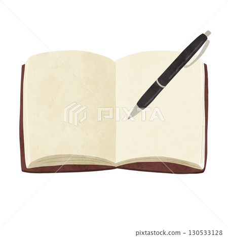 Plain thread-bound notebook and ballpoint pen watercolor-style hand-drawn illustration 130533128