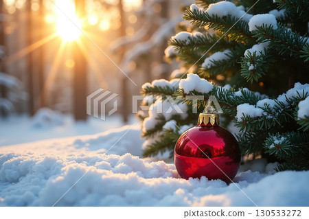 Red Christmas ornament under snowy fir branch. 130533272