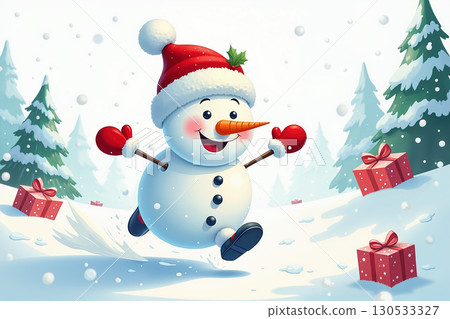 Happy snowman dancing in snowy forest with gifts around. 130533327