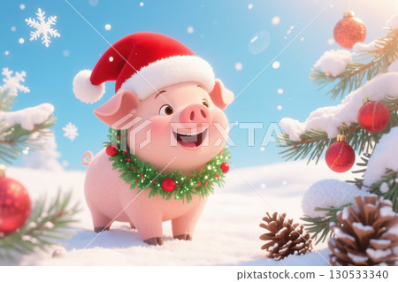 Cute pig in Santa hat and wreath in snowy scene. 130533340