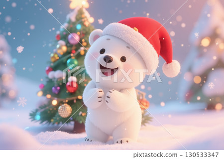 Cute polar bear wearing Santa hat near Christmas tree. 130533347