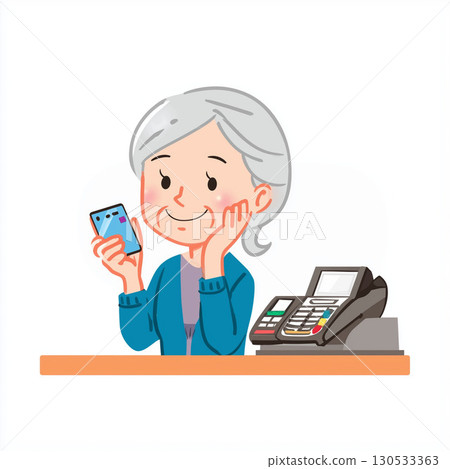 Illustration of a smiling elderly woman making a smartphone payment at a convenience store cash register 130533363