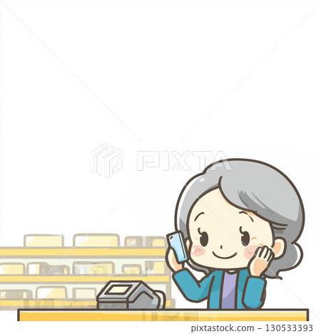 一位微笑的老年婦女在便利商店收銀台使用智慧型手機付款的插圖 130533393