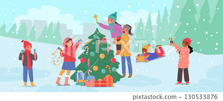 Happy children decorating Christmas tree outdoors, having winter fun activity cartoon scene 130533876