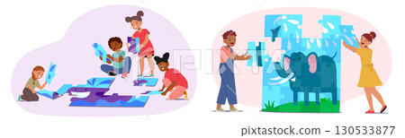 Cheerful kids characters playing puzzles assembling jigsaw pieces together making picture scene set 130533877