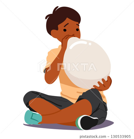 Little boy child cartoon character blowing balloon while sitting on floor isolated on white 130533905