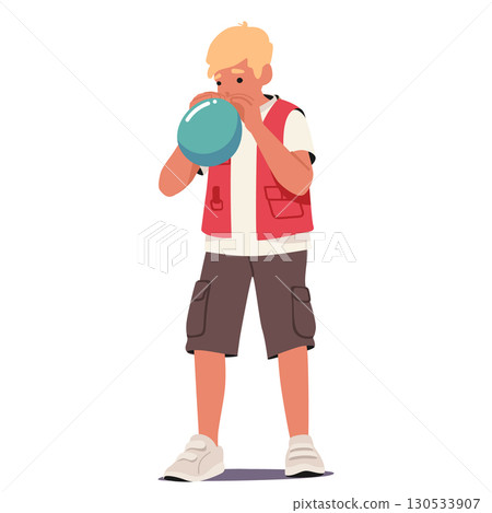 Teenager boy child cartoon character blowing balloon enjoying leisure activity and playtime 130533907