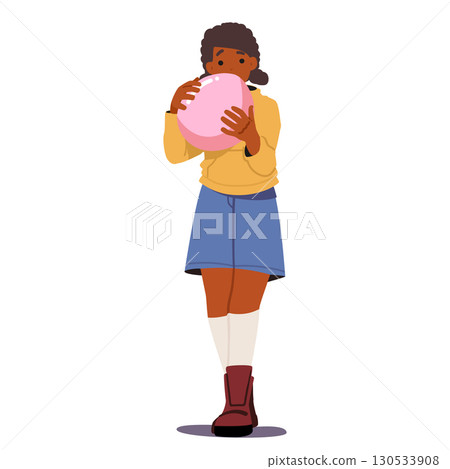 Pretty teenage girl cartoon character blowing pink balloon with air isolated on white background 130533908