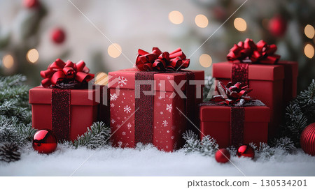 Merry Christmas, Happy New Year, craft red gift box, light background. Flat lay, copy space, banner Merry Christmas, Happy New Year, craft red gift box, light background. Flat lay, copy space, banner 130534201