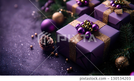 Merry Christmas, New Year, closeup craft violet gift box holiday background, copy space, banner 130534203