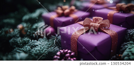 Merry Christmas, New Year, closeup craft violet gift box holiday background, copy space, banner Merry Christmas, New Year, closeup craft violet gift box holiday background, copy space, banner 130534204