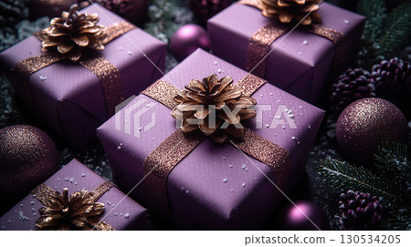 Merry Christmas, New Year, closeup craft violet gift box holiday background, copy space, banner Merry Christmas, New Year, closeup craft violet gift box holiday background, copy space, banner 130534205