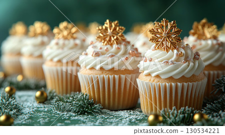 Cupcakes group smooth frosting yellow pattern light golden pastel colors, Christmas background 130534221