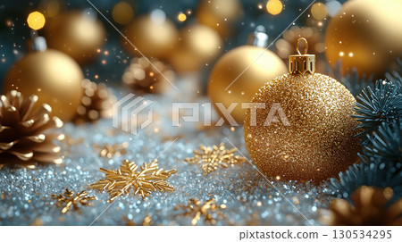 Christmas yellow balls golden snowflakes, copy space, purple background, Christmas, New Year 130534295