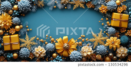 Blue background flat lay, luxury yellow gift boxes. Golden blue ribbons. Christmas, New Year, poster 130534296