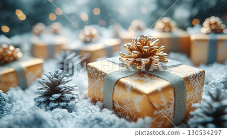 craft yellow gift box glitter holiday background copy space banner Merry Christmas New Year craft yellow gift box glitter holiday background copy space banner Merry Christmas New Year 130534297