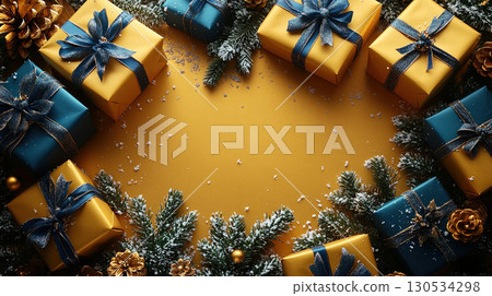 craft yellow gift box glitter holiday background, copy space, banner Christmas, New Year craft yellow gift box glitter holiday background, copy space, banner Christmas, New Year 130534298