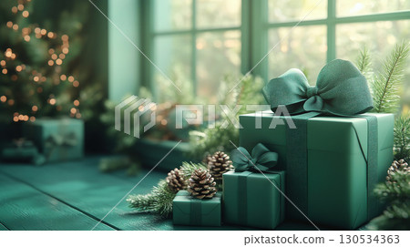 Holiday Christmas, New Year. Close-up green luxury gift boxes. red ribbons, flat lay, sale, banner 130534363