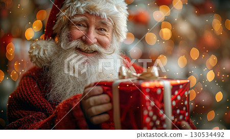 Cheerful Man traditional Santa Claus costume holds gift in front him. Christmas bokeh background. Colors rich red white, with warm golden highlights. Copy space, banner, greeting, postcard 130534492