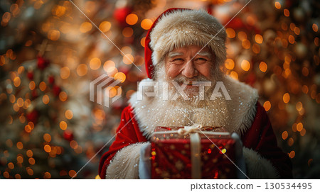 Cheerful Man traditional Santa Claus costume holds gift in front him. Christmas bokeh background. Colors rich red white, with warm golden highlights. Copy space, banner, greeting, postcard 130534495