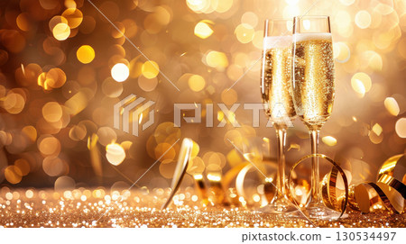 Two glasses champagne drink golden shiny table bubbles, glass splashing festive birthday, New Year 130534497