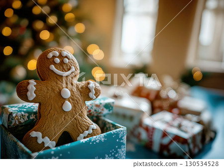 Gingerbread man Christmas cookie standing on glossy table beside blue and gold decorative chest filled with sparkling baubles. Elegant holiday New Year decor. Gingerbread man Christmas cookie standing on glossy table beside blue and gold decorative chest filled with sparkling baubles. Elegant holiday New Year decor. 130534528