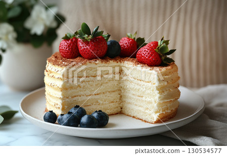 Layered honey cake slice with berries on white plate decorated with whipped cream fresh berries. 130534577