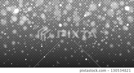 Shiny snowflakes with glowing bokeh light fall on a transparent background. Seasonal vector overlay for Christmas, New Year, posters, invitations, and magic holiday mood. 130534821