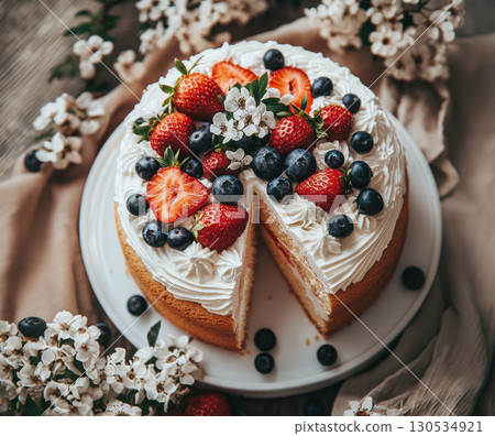 Cheesecake topped with fresh strawberries and blueberries 130534921