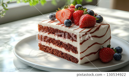 Layered honey cake slice with berries on white plate decorated with whipped cream fresh berries. 130534922