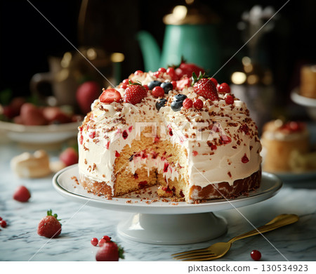 Cheesecake topped with fresh strawberries and blueberries 130534923