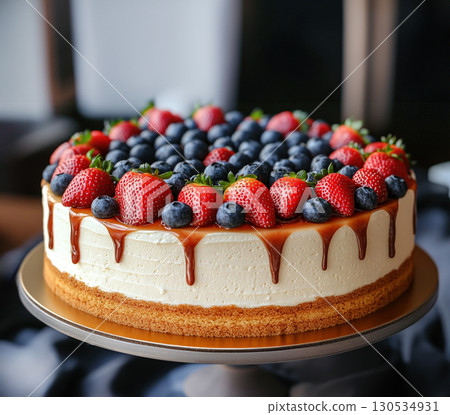 Cheesecake topped with fresh strawberries and blueberries Cheesecake topped with fresh strawberries and blueberries 130534931