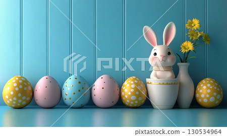 Easter decoration golden eggs yellow mimosa in white vase blue wall background, copy space for text 130534964