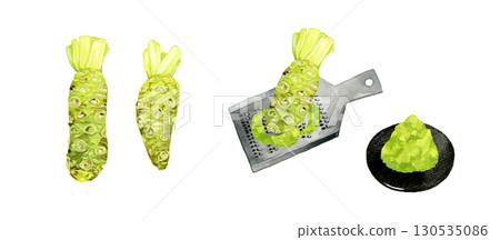 芥末插圖集:蔬菜和調味品的手繪水彩插圖 芥末插圖集:蔬菜和調味品的手繪水彩插圖 130535086