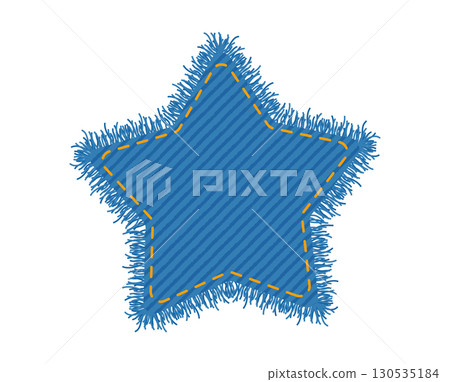 Patch denim star shape with stitches seam torn edges jeans fashion illustration. Flat apparel blue color template 130535184