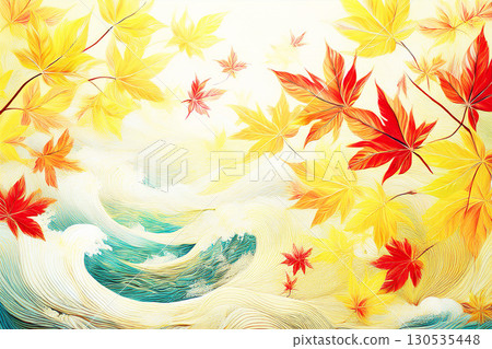 Beautiful autumn leaves with rough waves in the background 130535448