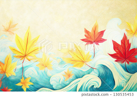 Beautiful autumn leaves with rough waves in the background 130535453