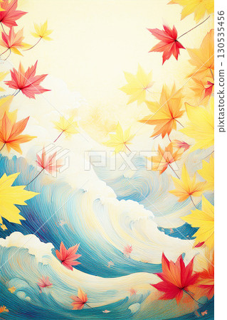 Beautiful autumn leaves with rough waves in the background 130535456