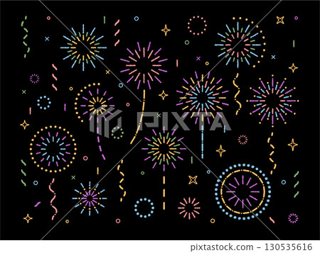 Crayon firework pattern and celebration burst with colorful confetti and star sparkle set. Set of magic elements on a black background. Vibrant circle ornament for party or festive decoration. Crayon firework pattern and celebration burst with colorful confetti and star sparkle set. Set of magic elements on a black background. Vibrant circle ornament for party or festive decoration. 130535616