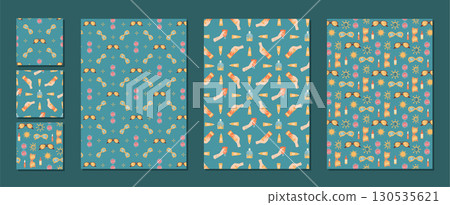 Cartoon seamless pattern of sunscreen bottle and tube shapes. Sunblock cream, spf lotion and spray reflect care summer protection. Sunglasses hold motif in cosmetic set. 130535621