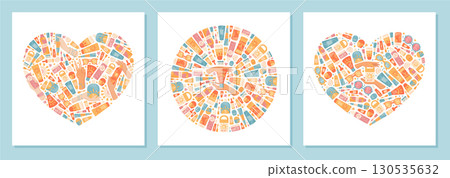 Flat style sunscreen concepts set forms heart and circle shape. Sunblock, spf cream, lotion and bottle container create sun care concept. Tube container product for summer protection, cosmetic design. Flat style sunscreen concepts set forms heart and circle shape. Sunblock, spf cream, lotion and bottle container create sun care concept. Tube container product for summer protection, cosmetic design. 130535632