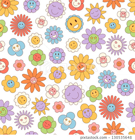 Groovy y2k floral cartoon background with happy seamless flower and colorful daisy smiley pattern. Cute retro style creates a playful and fun mood for wallpaper, print, or fabric. Groovy y2k floral cartoon background with happy seamless flower and colorful daisy smiley pattern. Cute retro style creates a playful and fun mood for wallpaper, print, or fabric. 130535648