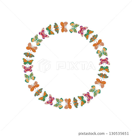 Groovy butterfly circle frame in retro style with colorful border pattern. pattern forms vibrant background, retro accent for playful summer themes, artistic graphic in modern and Groovy butterfly circle frame in retro style with colorful border pattern. pattern forms vibrant background, retro accent for playful summer themes, artistic graphic in modern and 130535651