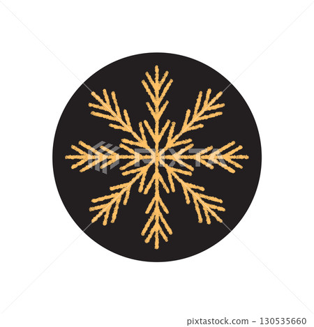 Chalk snowflake sticker with yellow and black circle ornament. Winter holiday decoration, seal element for xmas package. Snow flake symbol adds festive touch as seasonal sticker. 130535660