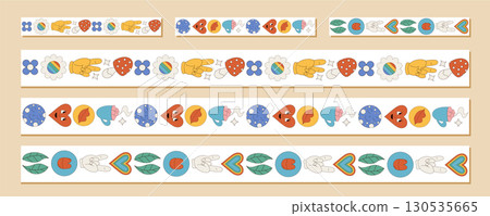 Groovy retro seamless border pattern set in colorful style. Doodle heart, flower, mushroom, and smiley elements combine as playful seamless border and frame with y2k design concept for creative 130535665