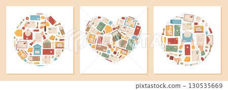 Heart mail flat doodle postcard and letter. Envelope, card, post, shape and stationery form creative message concept. Use for correspondence, greeting card theme or postal stationery template. 130535669