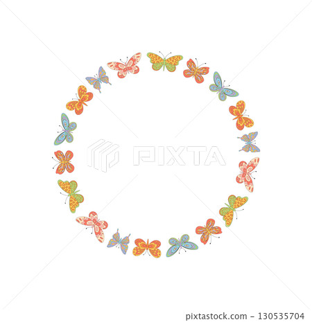 Groovy butterfly border in retro floral pattern. Colorful nature circle with frame style and y2k accents. Vintage motif for modern spring themes, perfect for universal and creative Groovy butterfly border in retro floral pattern. Colorful nature circle with frame style and y2k accents. Vintage motif for modern spring themes, perfect for universal and creative 130535704