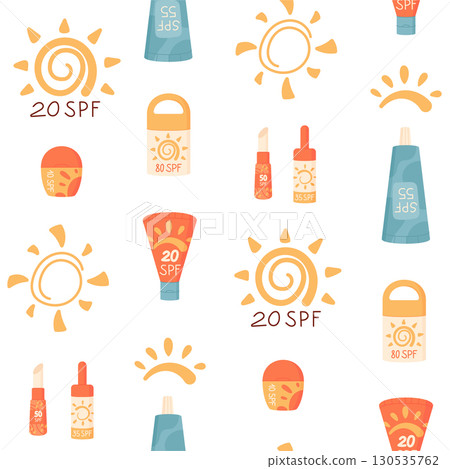 Flat seamless pattern with sunscreen bottle, cream, tube and sunblock lotion set. SPFs, lip product details, summer sun shape design for skin care product backgrounds or textile print. Flat seamless pattern with sunscreen bottle, cream, tube and sunblock lotion set. SPFs, lip product details, summer sun shape design for skin care product backgrounds or textile print. 130535762