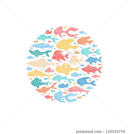 Round cartoon sticker school of fish in flat style. Aquatic creatures form colorful underwater circle. Ocean life in seamless pattern, marine concept with vibrant design, perfect for sea backgrounds. Round cartoon sticker school of fish in flat style. Aquatic creatures form colorful underwater circle. Ocean life in seamless pattern, marine concept with vibrant design, perfect for sea backgrounds. 130535778